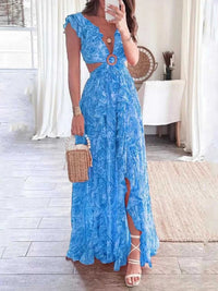 Full Size Ruffled Cutout V-Neck Maxi Dress Plus Size 100100023571871 43 Gifts for Her Jerry's Apparel 