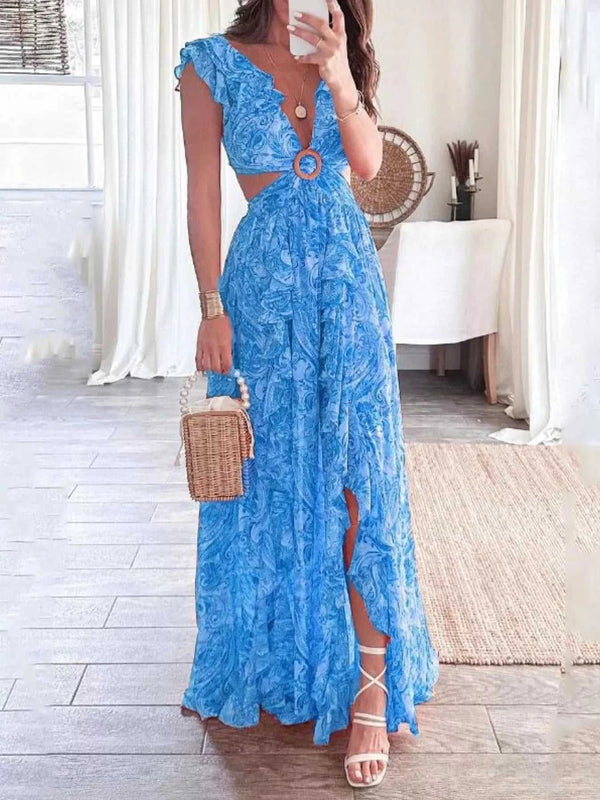 Full Size Ruffled Cutout V-Neck Maxi Dress Plus Size 100100023571871 43 Gifts for Her Jerry's Apparel 
