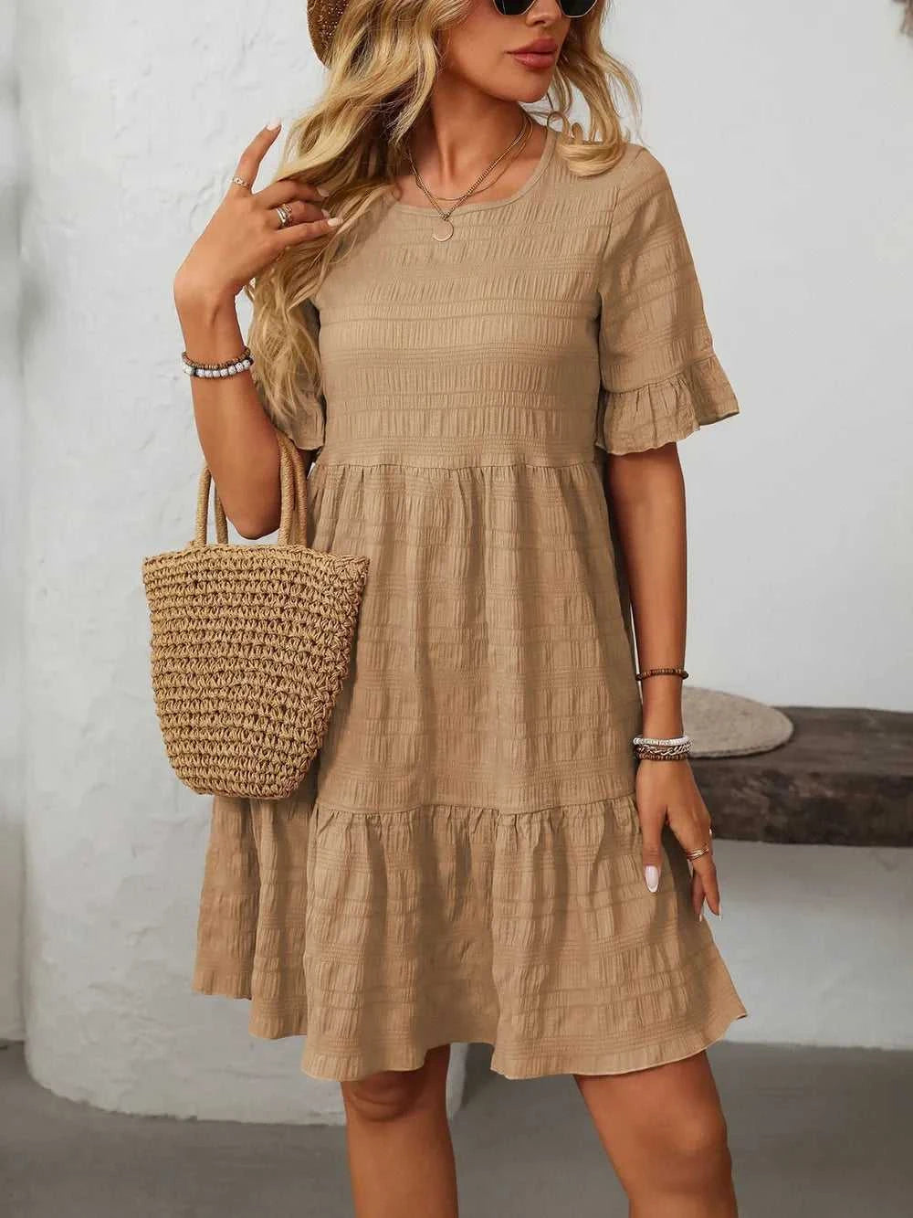 Mandy Ruffled Ruched Round Neck Half Sleeve Dress 100100796041903 25 Affordable Fashion Under $100 Jerry's Apparel 