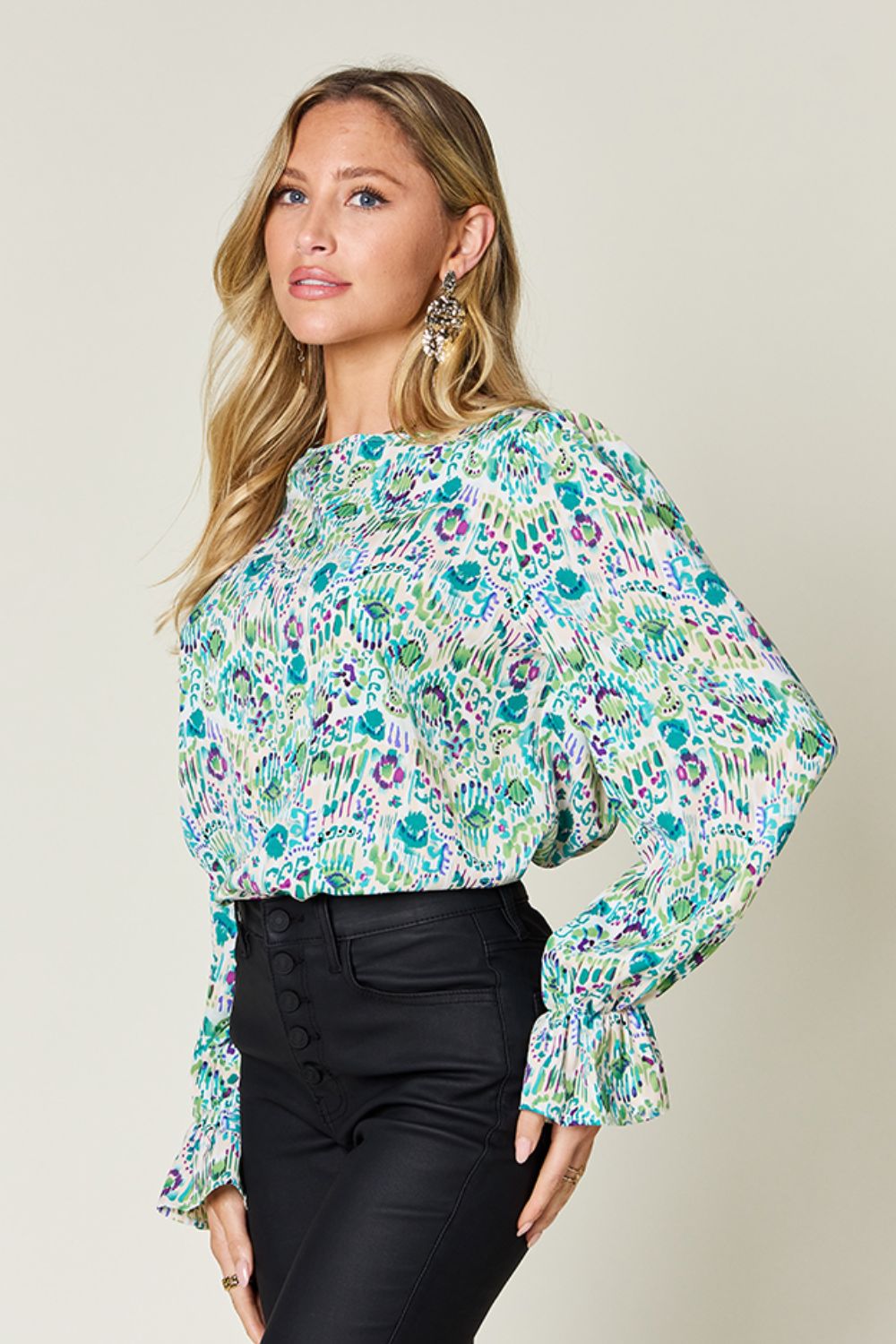 Full Size Printed Flounce Sleeve Blouse