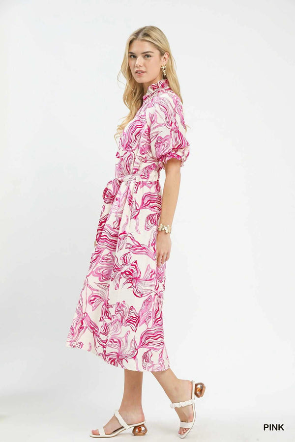 Umgee Abstract Print Smocked Tie Waist Midi Dress 100100415061314 61 Affordable Fashion Under $100 Jerry's Apparel 