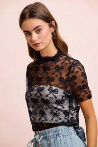 BiBi High Neckline Short Sleeves Bow Pattern Mesh Top 100100247341632 30 Affordable Fashion Under $100 Jerry's Apparel 