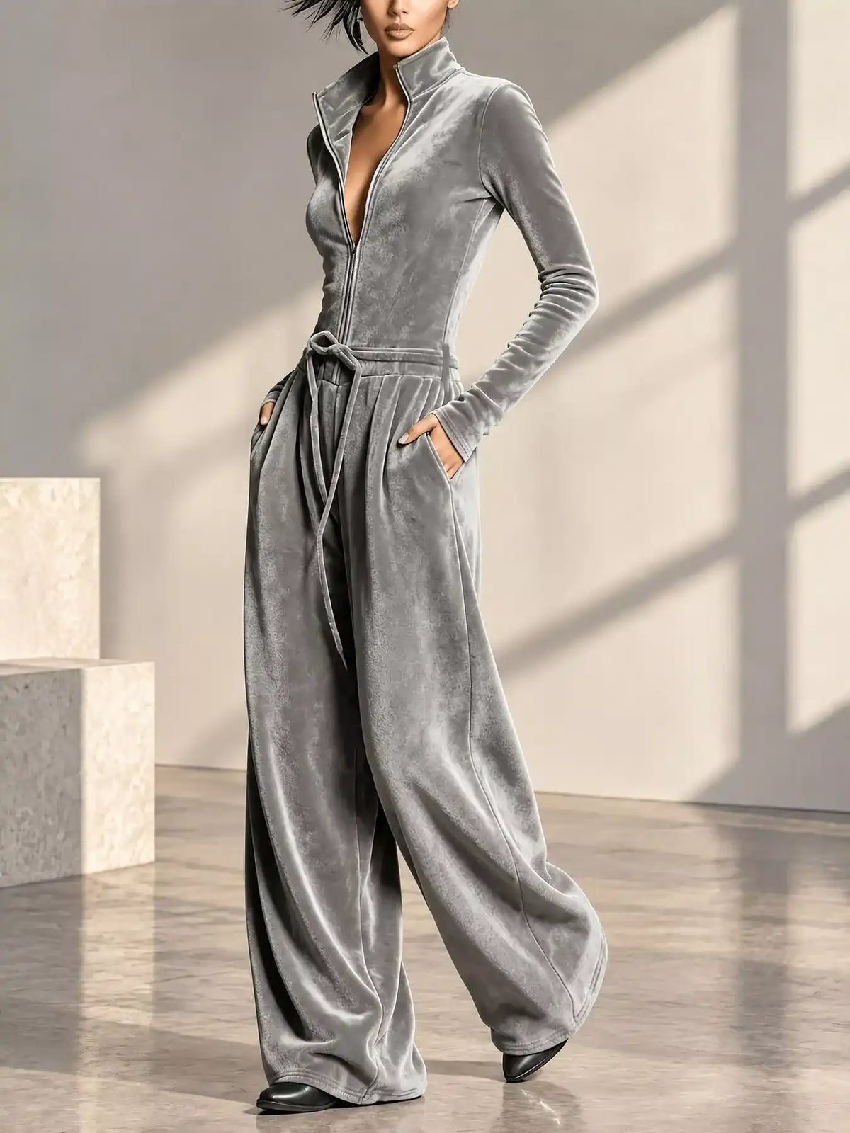 Velour Zip-Front Long Sleeve Wide-Leg Jumpsuit 101001930946562 65 Affordable Fashion Under $100 Jerry's Apparel 