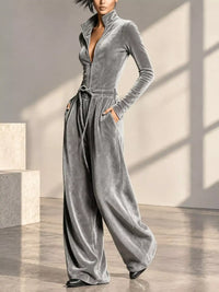 Velour Zip-Front Long Sleeve Wide-Leg Jumpsuit 101001930946562 65 Affordable Fashion Under $100 Jerry's Apparel 