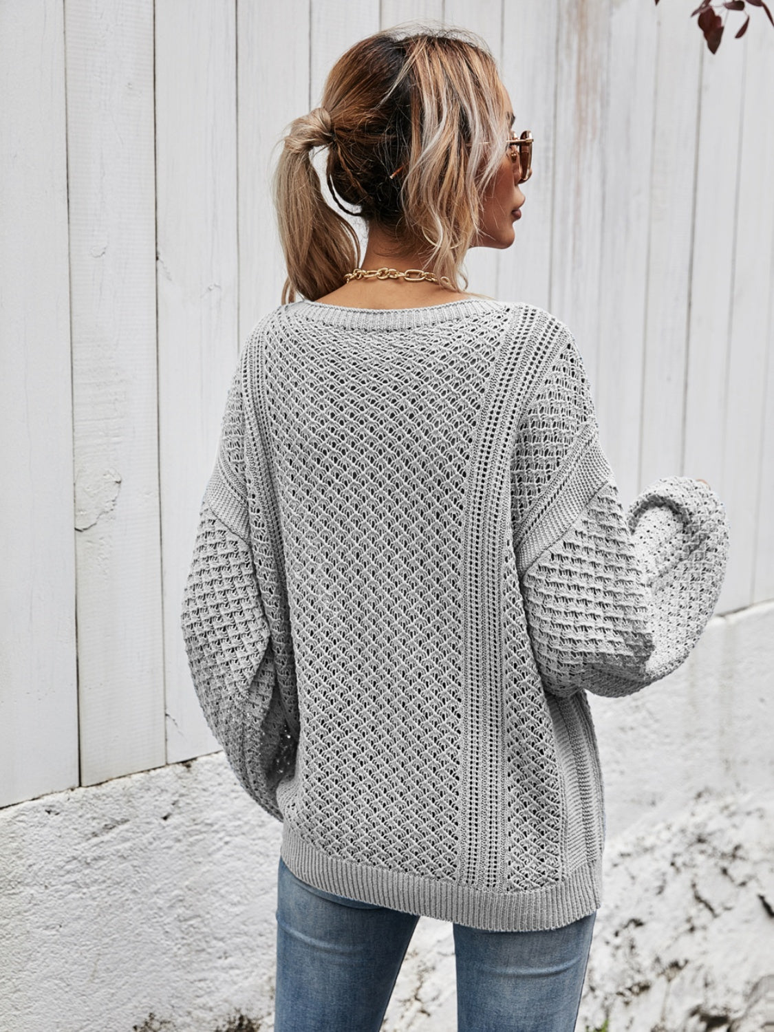 Angel Wings V-Neck Dropped Shoulder Sweater