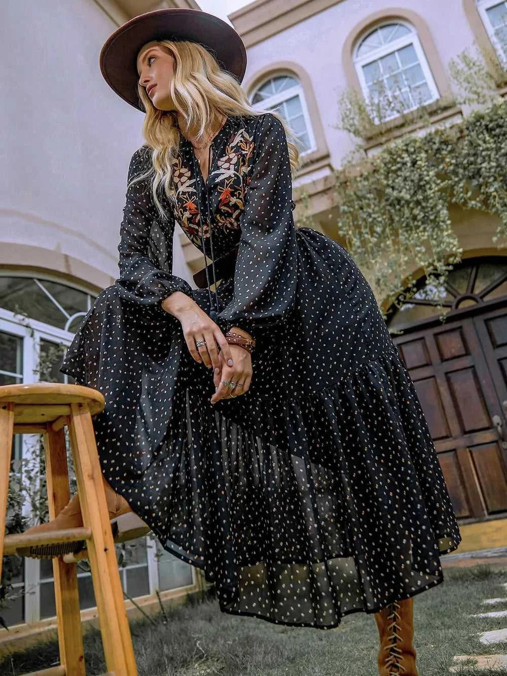 Embroidered Polka Dot Tie Neck Long Sleeve Midi Dress 100100423971743 52 Gifts for Her Jerry's Apparel 