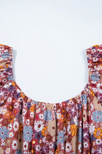 Floral Puff Sleeve Square Neck Knot Open Back Mini Dress