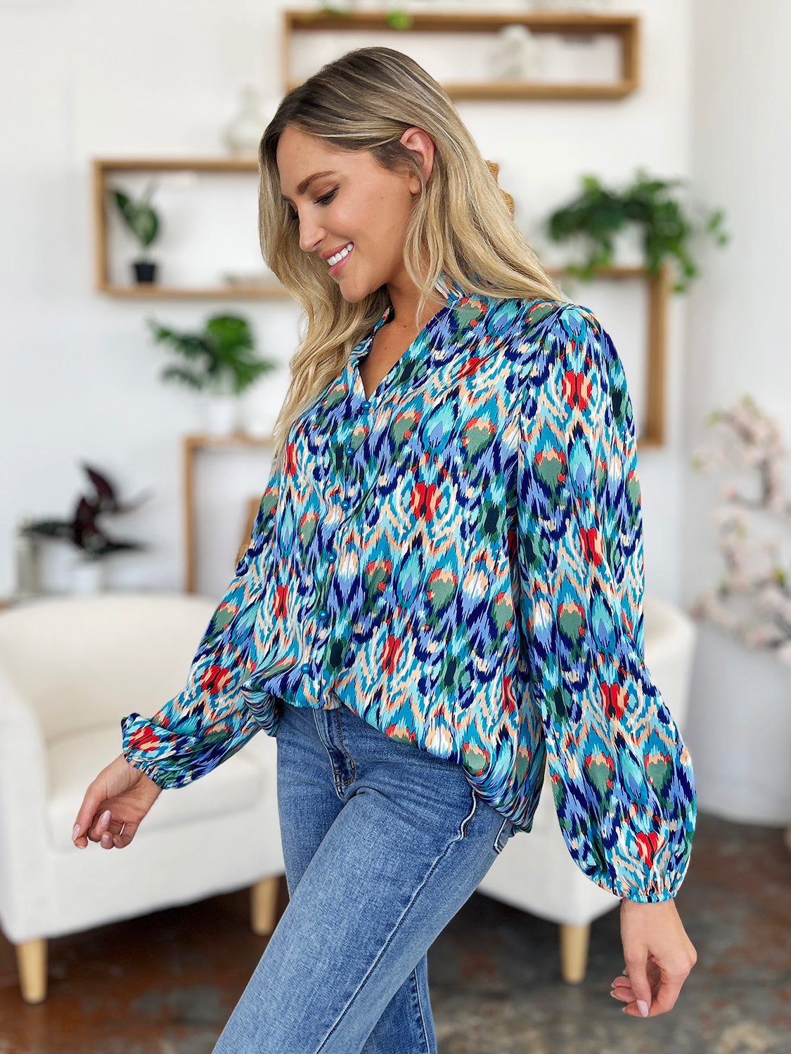 Full Size Printed Balloon Sleeve Blouse