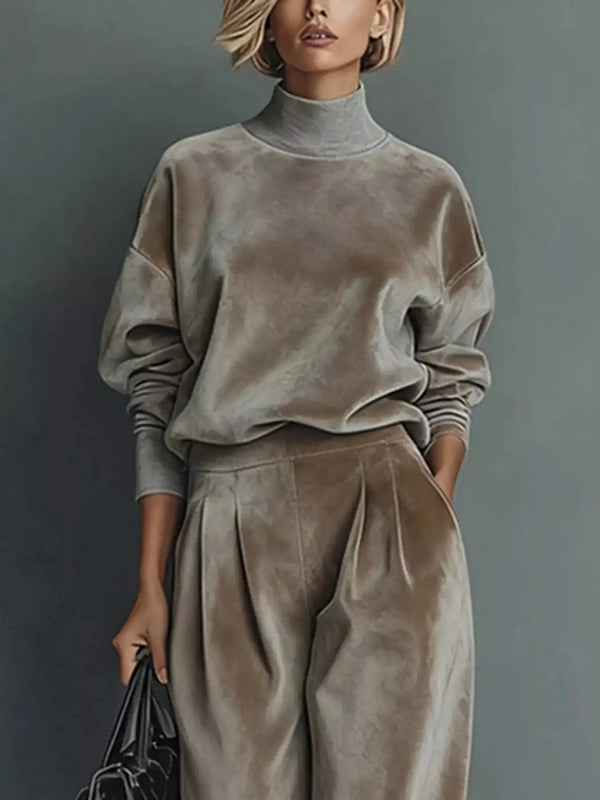 Full Size Elegant Velvet Mock Neck Long Sleeve Top and Wide-Leg Pants Set Plus Size 101001603377263 63 Women's Pants Set Gifts for Her Jerry's Apparel 