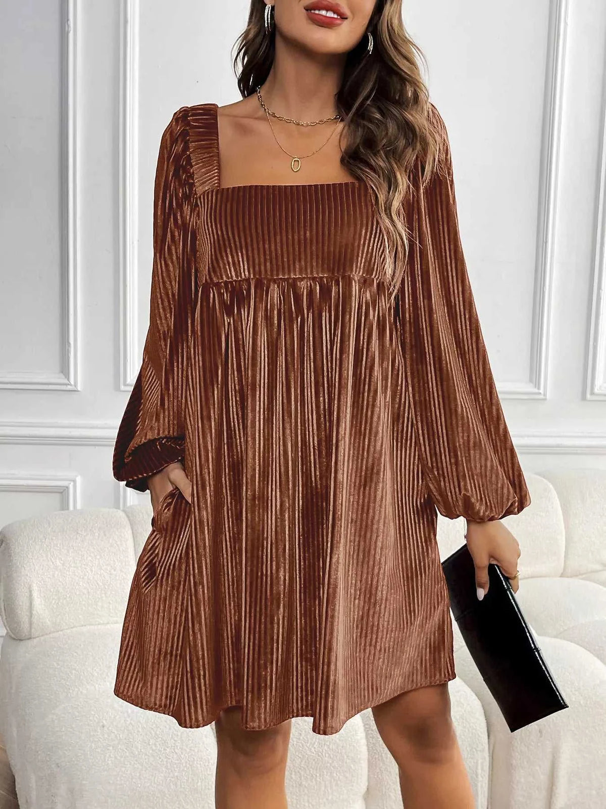 Velvet Square Neck Long Sleeve Dress 100100004568053 56 Affordable Fashion Under $100 Jerry's Apparel 
