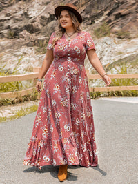 Plus Size Floral Slit Ruffle Hem Dress