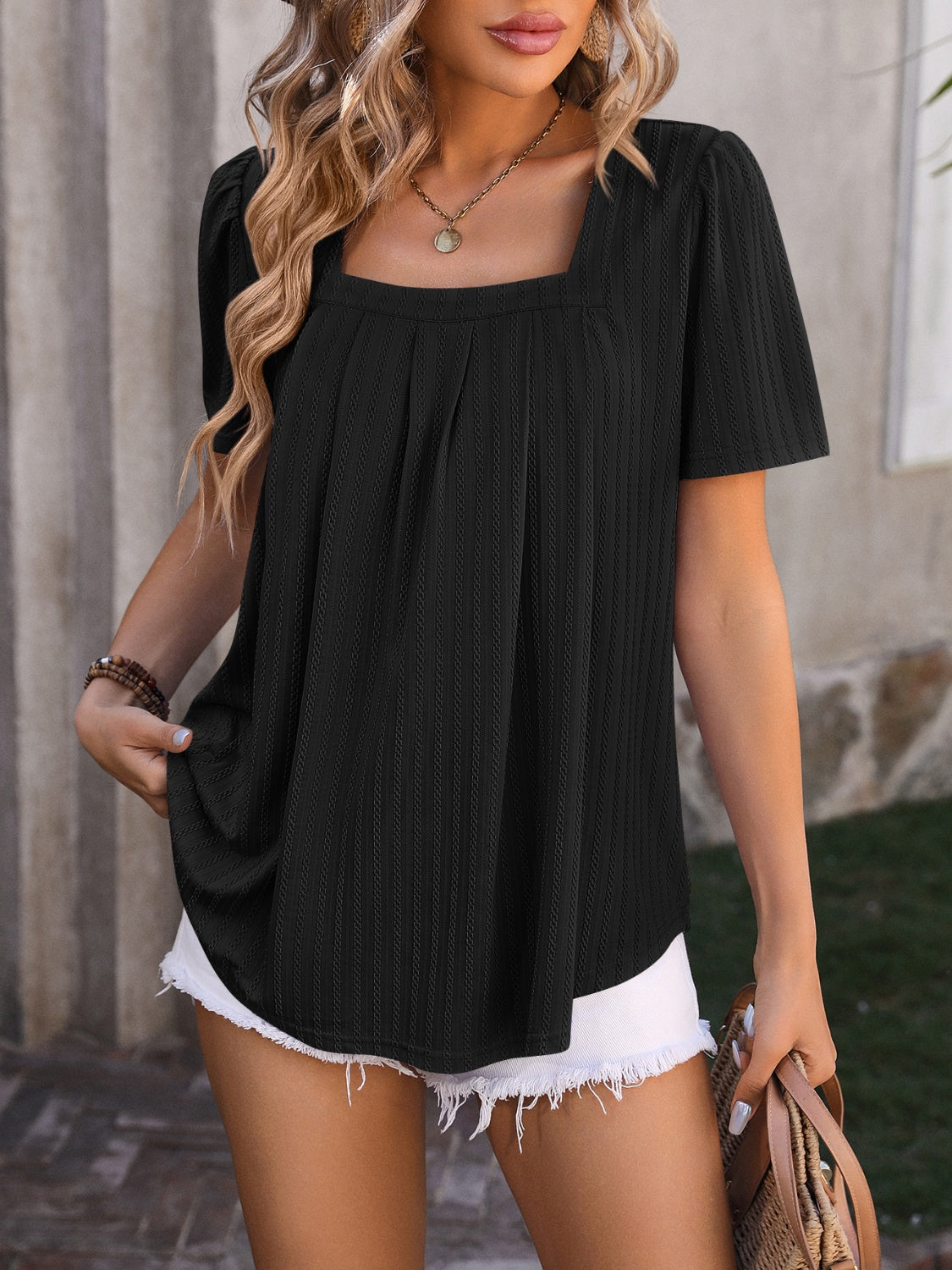 Mandy Ruched Square Neck Short Sleeve Blouse