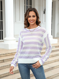 Angel Wings Striped Openwork Round Neck Sweater