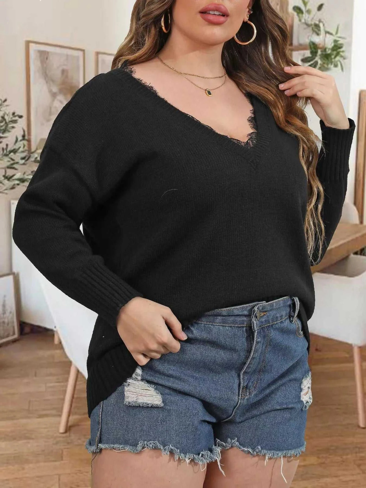 Plus Size Lace Trim V-Neck Sweater 101002554586632 43 Affordable Fashion Under $100 Jerry's Apparel 