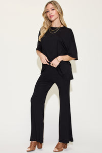 Full Size Bamboo Drop Shoulder T-Shirt and Flare Pants Set