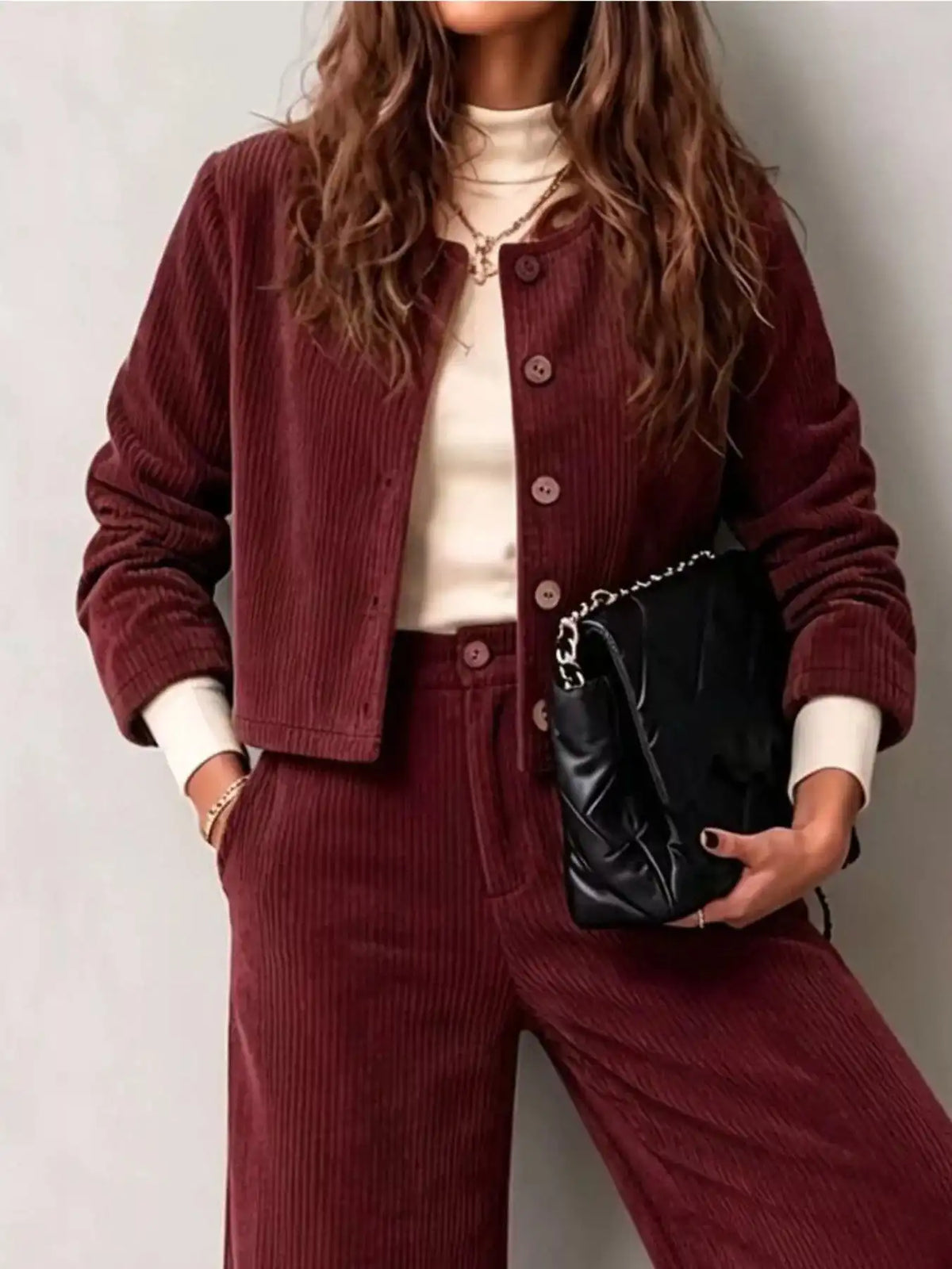 Full Size Corduroy Button-Down Jacket and Wide-Leg Pants Two-Piece Set Plus Size 101001217256067 73 Women's Pants Set Gifts for Her Jerry's Apparel 