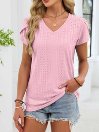 Eyelet Petal Sleeve V-Neck T-Shirt 100100180821182 24 Affordable Fashion Under $100 Jerry's Apparel 