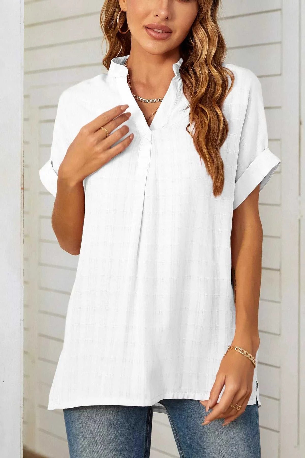 Notched Short Sleeve Blouse 100100089501470 33 Affordable Fashion Under $100 Jerry's Apparel 