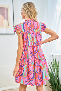 Full Size Printed Ruffle Cap Sleeve Tiered Dress