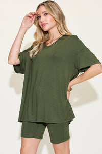 Full Size V-Neck Drop Shoulder T-Shirt and Shorts Set