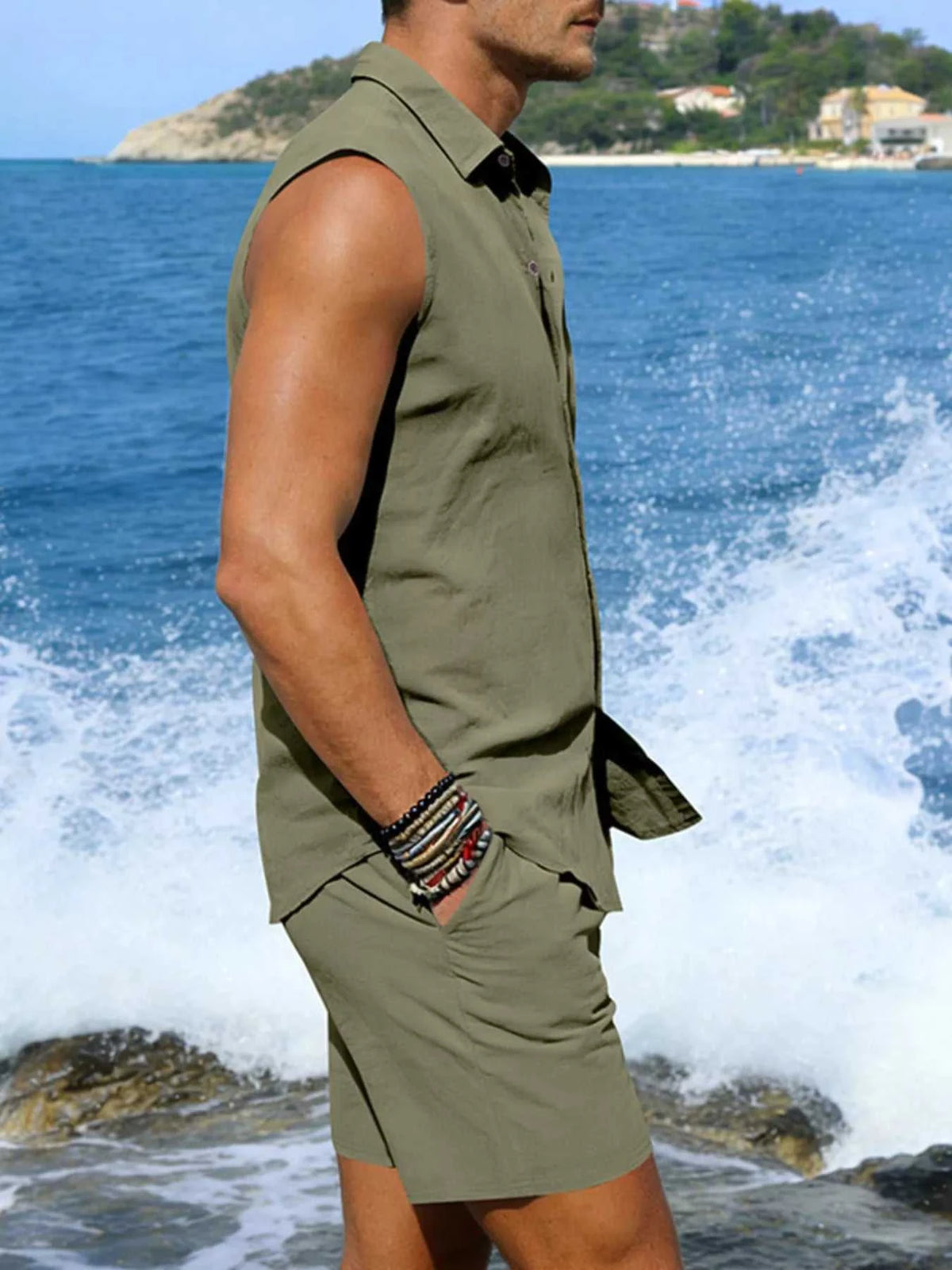 Men's Full Size Button Up Sleeveless Top and Shorts Plus Size 100400363418053 40 Men's Sets Jerry's Apparel 
