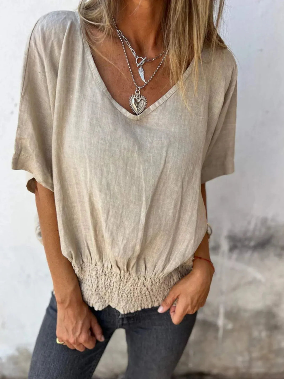 Full Size Smocked Hem V-Neck Relaxed Fit T-Shirt Plus Size