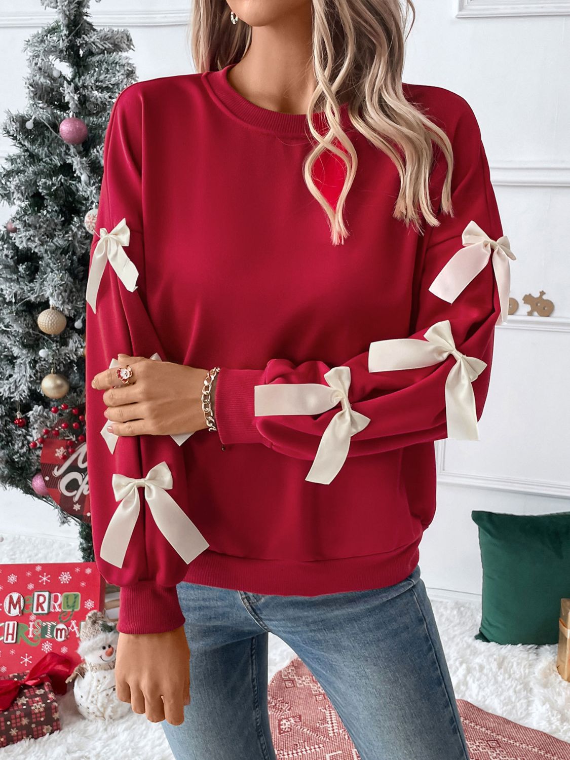 Perfee Bow Round Neck Long Sleeve Sweatshirt