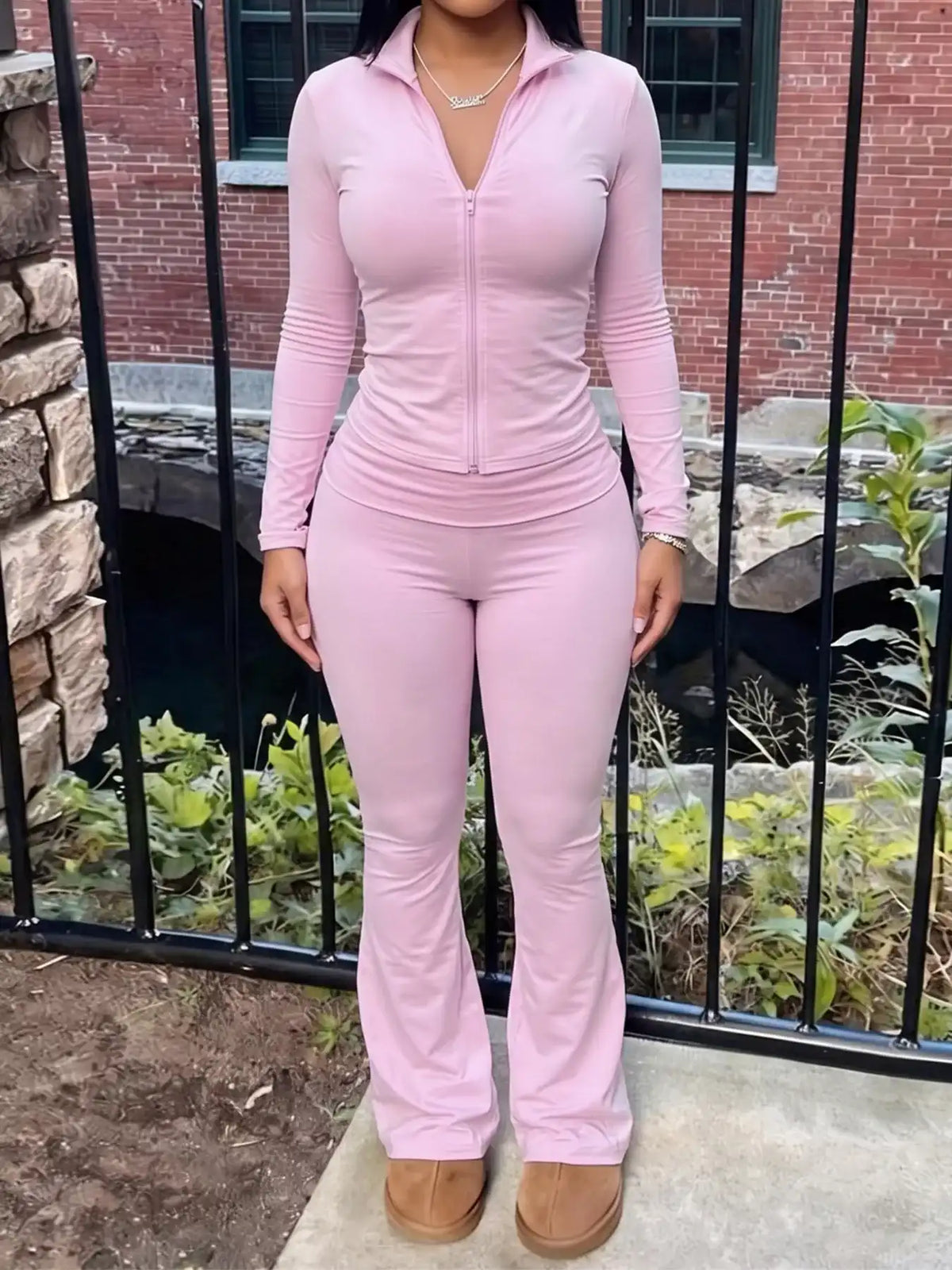 Slim Fit Hooded Zip-Up Top and Flared Pants Set 101001727742845 62 Gifts for Her Jerry's Apparel 