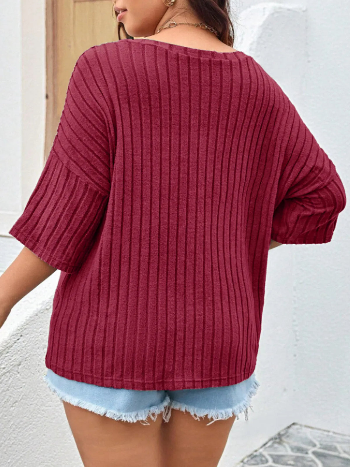 Plus Size V-Neck Ribbed Knit T-Shirt