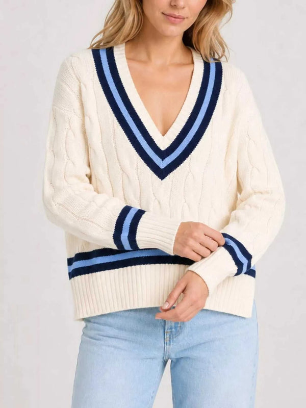 V-Neck Cable Knit Sweater with Contrast Striped Trim 101002074926280 41 Affordable Fashion Under $100 Jerry's Apparel 