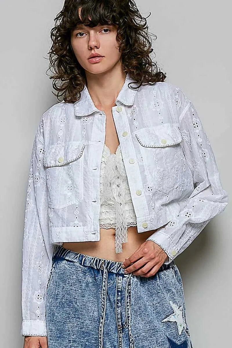 POL Eyelet Textured Cotton Cropped Button Front Jacket 100100580841554 66 Jerry's Apparel 