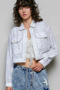 POL Eyelet Textured Cotton Cropped Button Front Jacket 100100580841554 66 Jerry's Apparel 