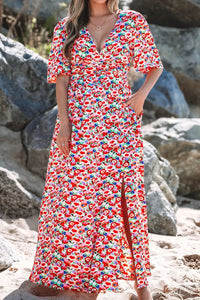 Floral Half Sleeve Deep V Neck Cutout Back Maxi Dress