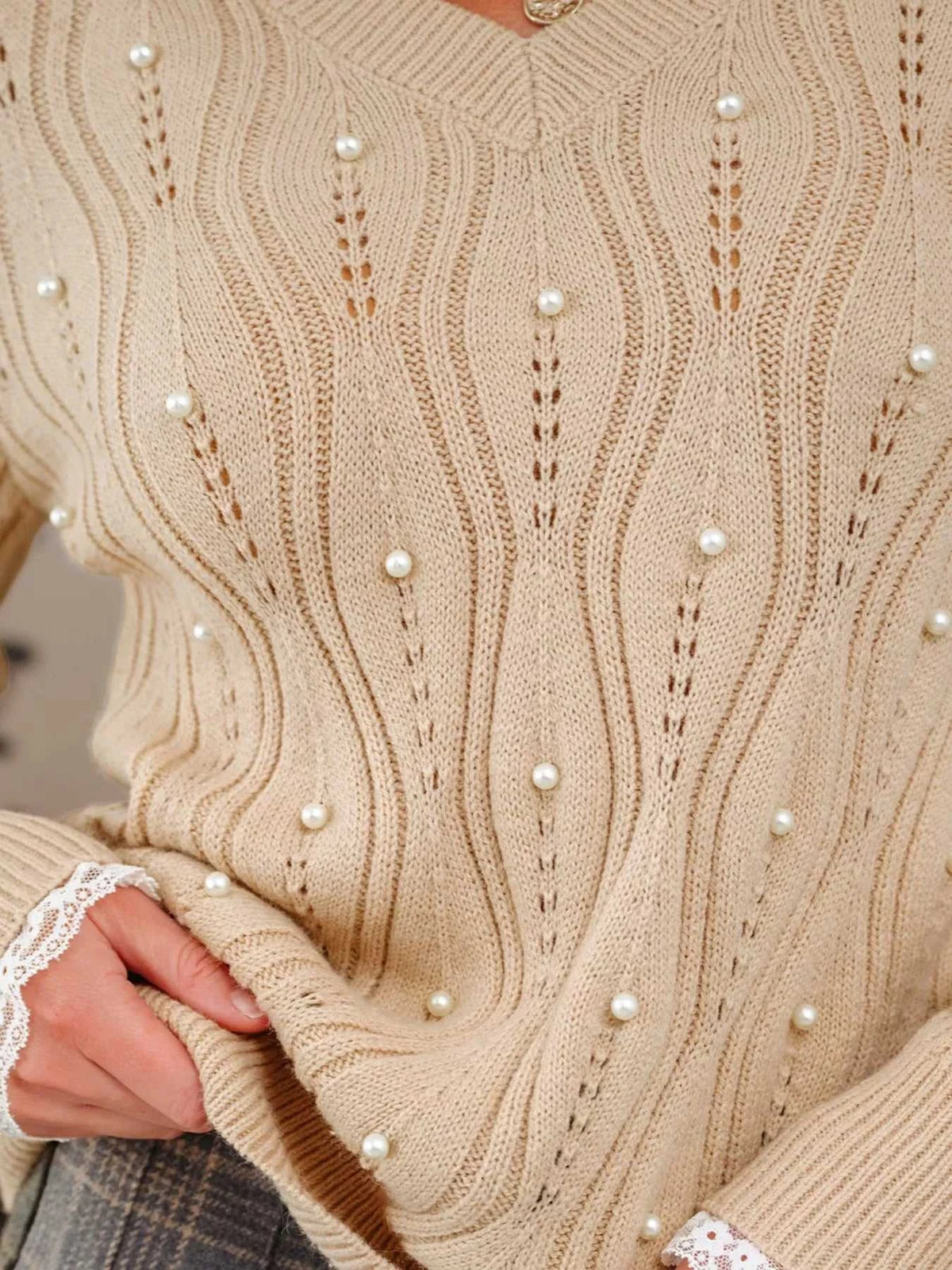 Pearl-Embellished V-Neck Pullover Sweater 100100719561876 49 Affordable Fashion Under $100 Jerry's Apparel 