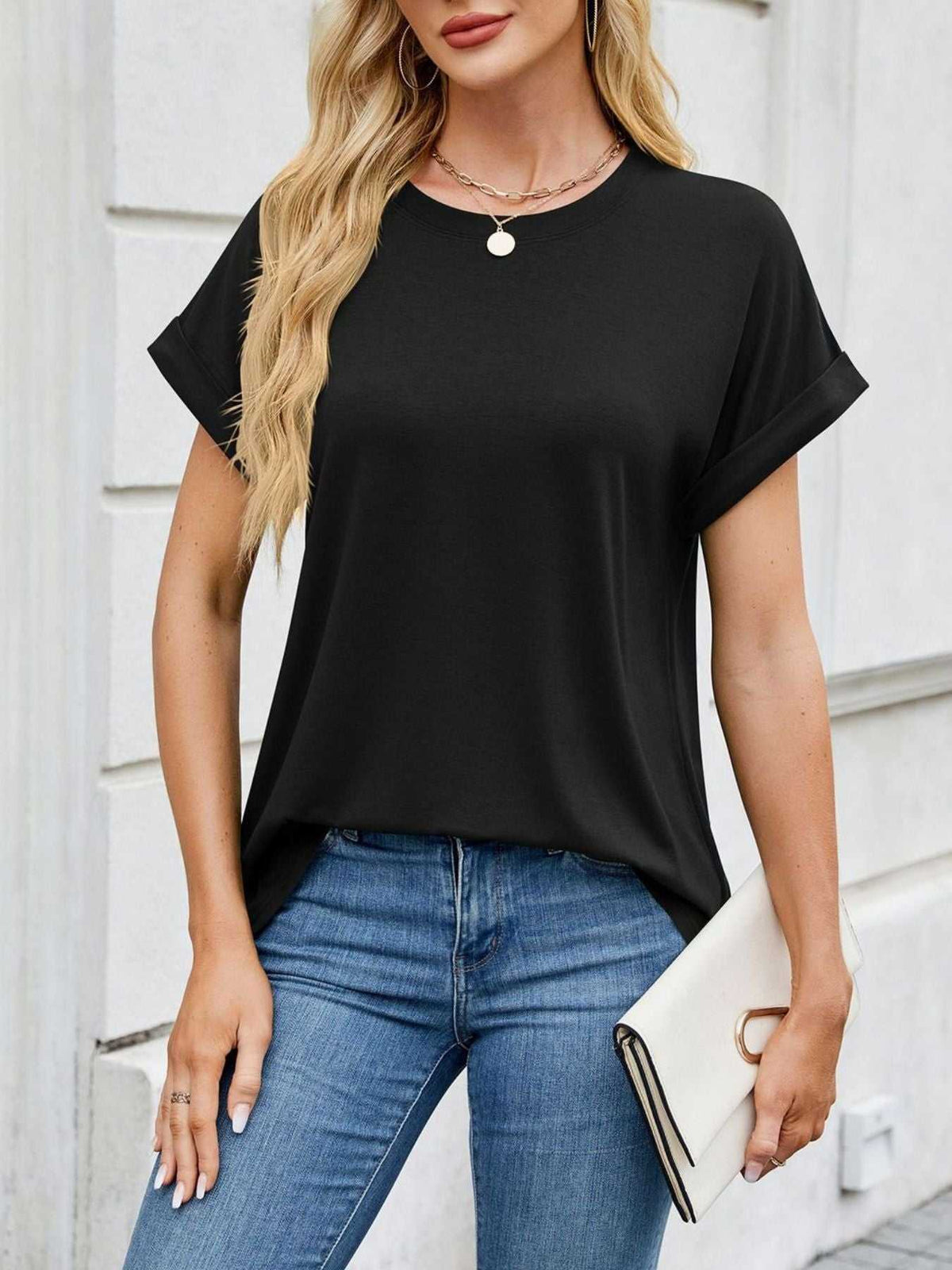 Casual Rolled Sleeve Solid Color T-Shirt 100100517201662 22 Affordable Fashion Under $100 Jerry's Apparel 