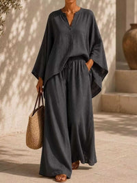 Full Size Notched Long Sleeve Top and Wide-Leg Pants Set Plus Size 100100051091822 45 Affordable Fashion Under $100 Jerry's Apparel 