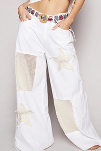 POL Raw Hem Star Patch Wide Leg Pants