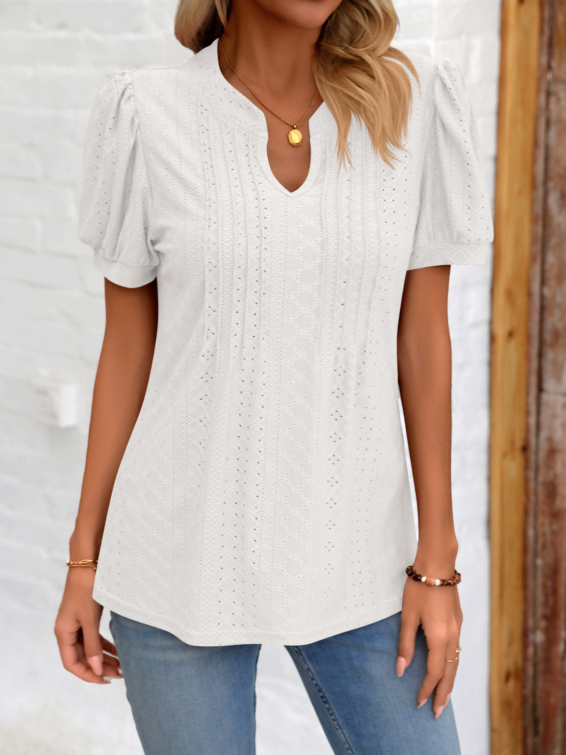 Eyelet Notched Puff Sleeve T-Shirt