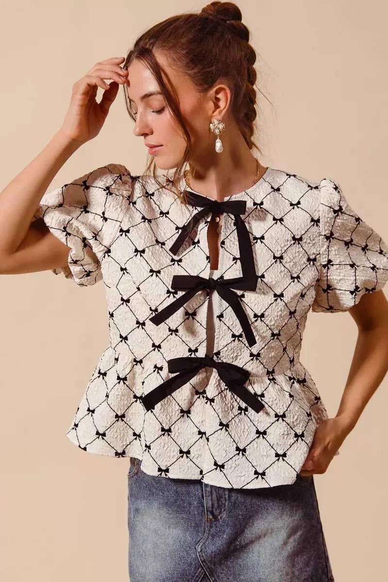 SO ME Bow Texture Woven Peplum Top With Contrast Tie 100100696611485 51 Affordable Fashion Under $100 Jerry's Apparel 