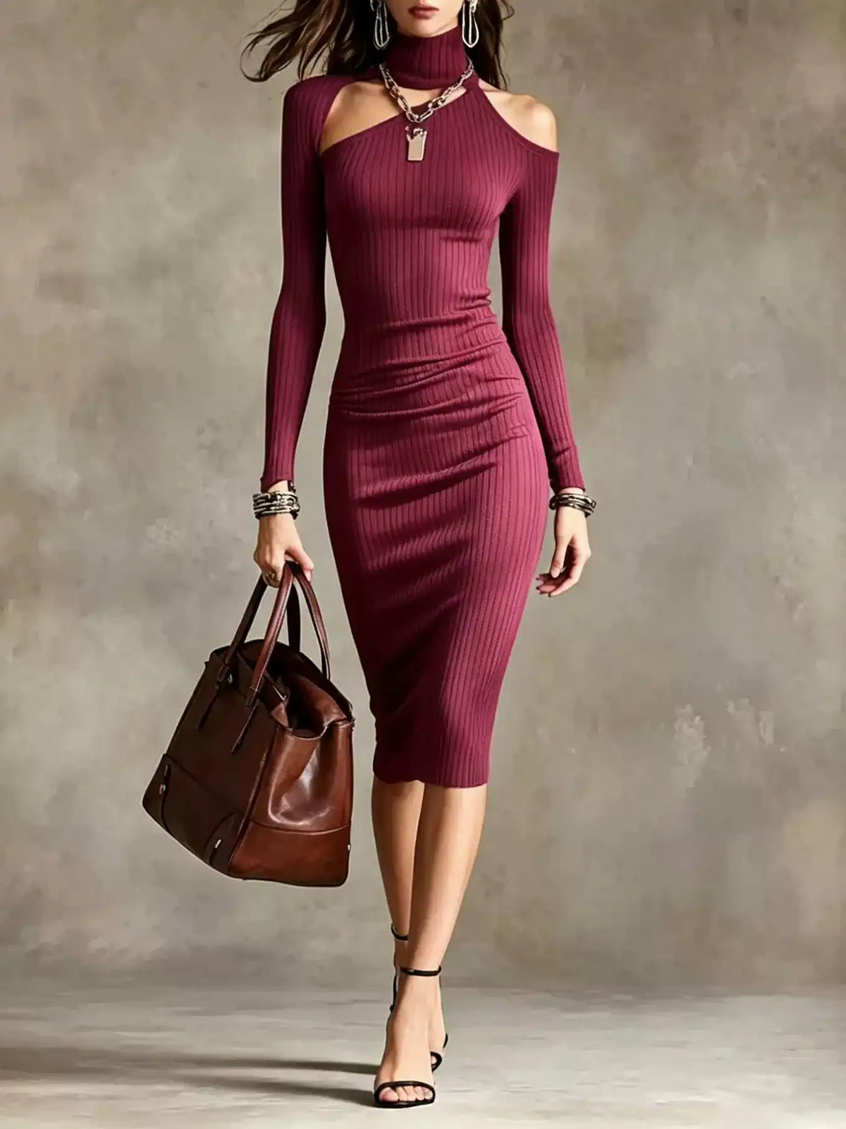 Cold-Shoulder Turtleneck Ribbed Knit Dress 101002903850949 34 Affordable Fashion Under $100 Jerry's Apparel 