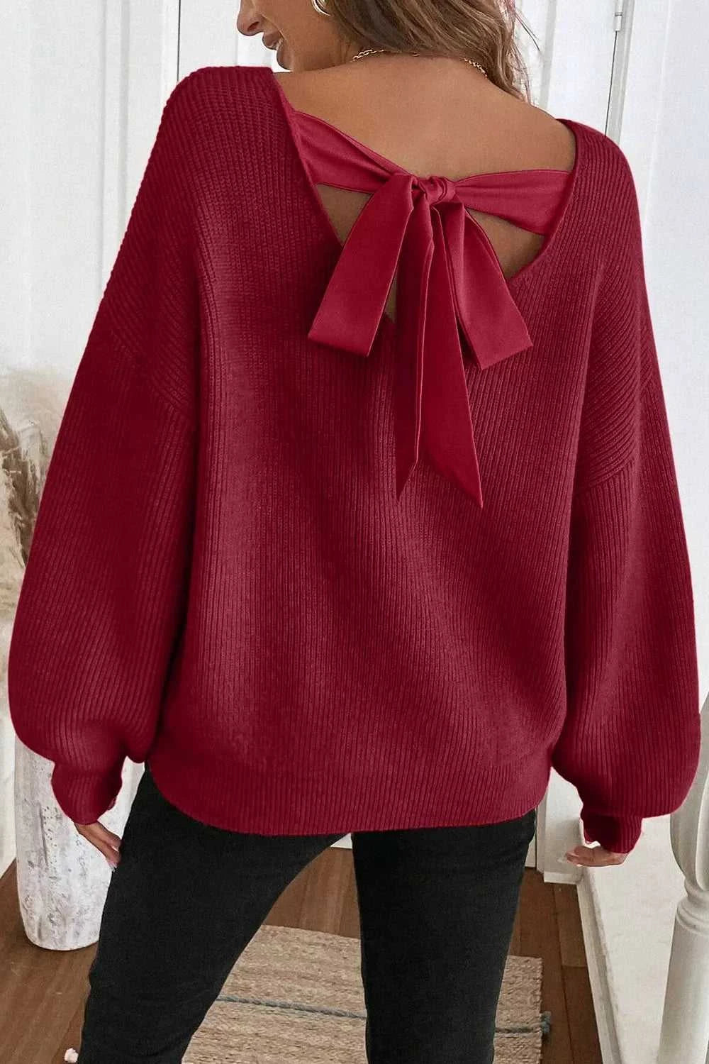Ribbed Knit Ribbon Knot Backless Drop Shoulder Sweater 100100241929655 56 Affordable Fashion Under $100 Jerry's Apparel 