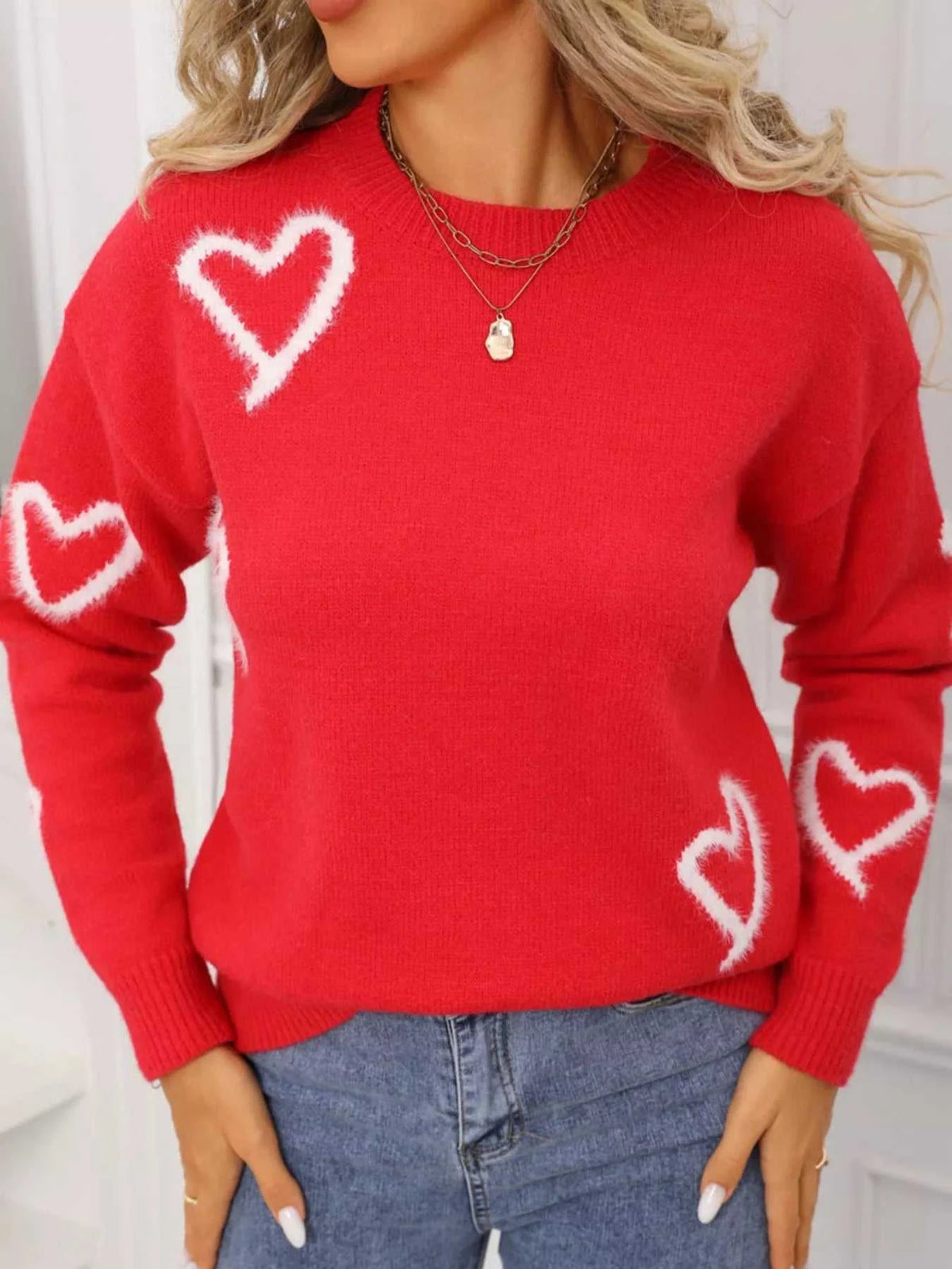 Valentine's Day Heart Print Crew Neck Sweater 100100466321617 50 Gifts for Her Jerry's Apparel 