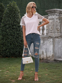 Lace Detail Striped V-Neck T-Shirt