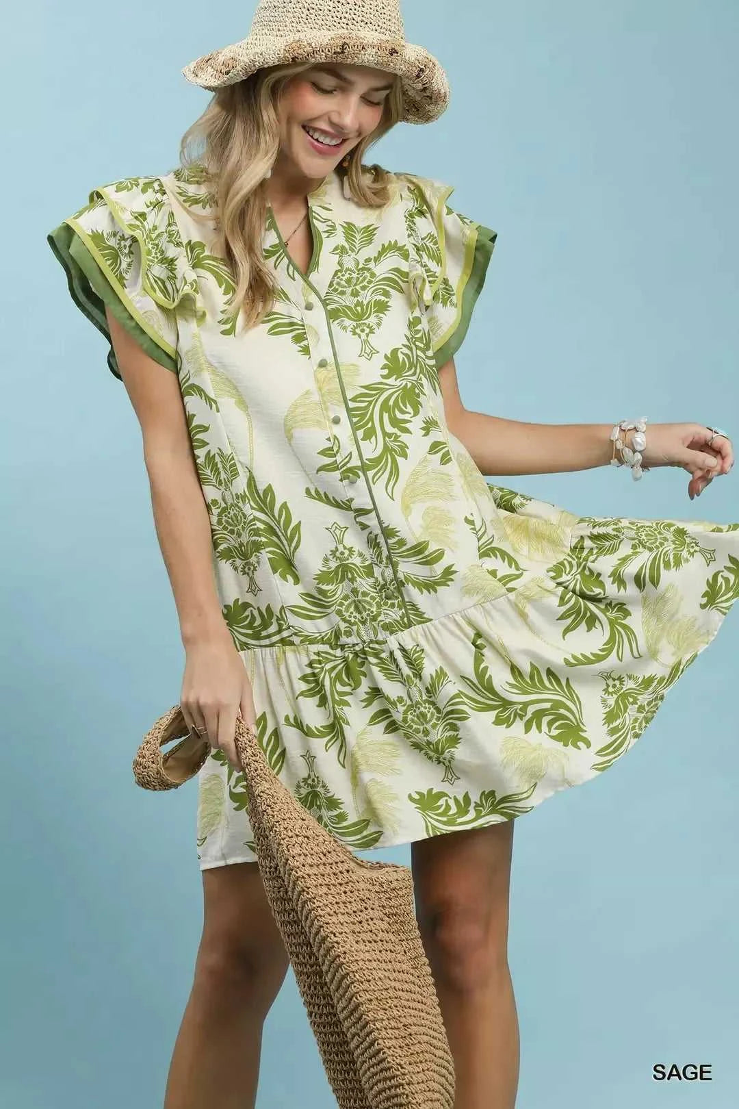 Umgee Toile Print Button-Front Placket Mini Dress with Dropped Ruffle Hem 100100053771104 57 Affordable Fashion Under $100 Jerry's Apparel 