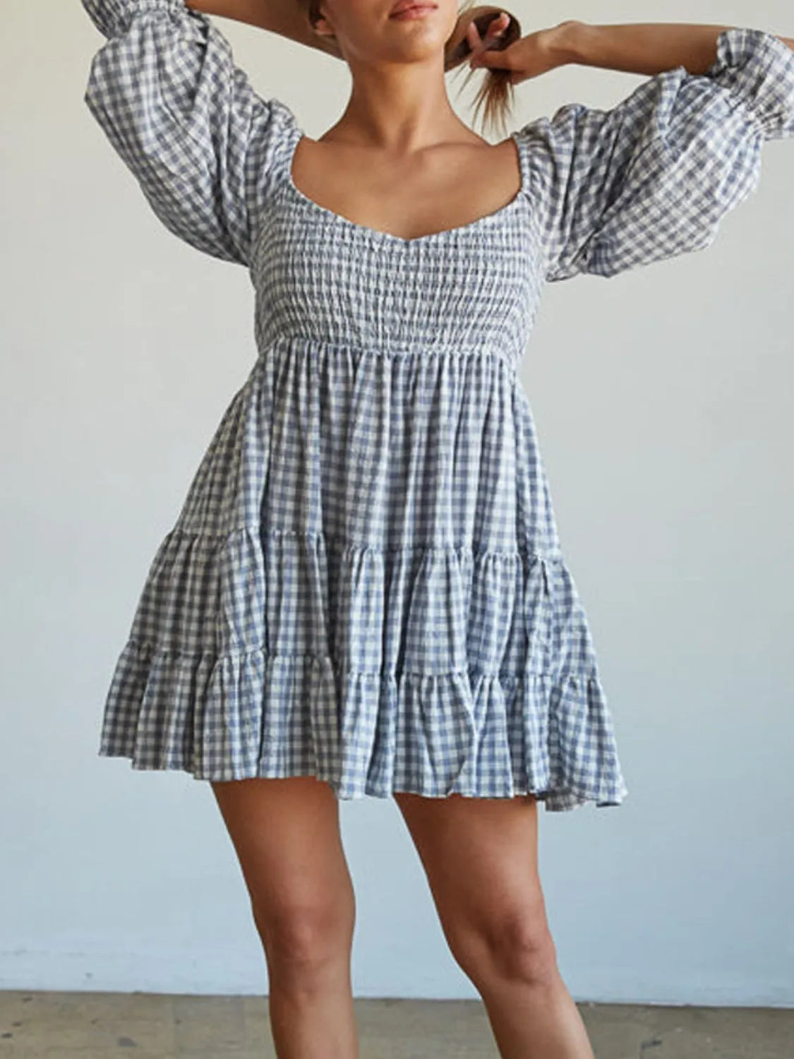 Ruffled Hem Plaid Half Sleeve Mini Dress