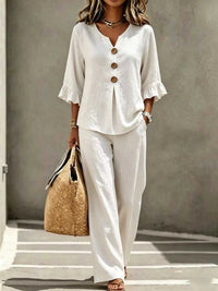 Full Size Decor Button Ruffled Top and Wide-Leg Pants Set Plus Size 100100119714864 38 Affordable Fashion Under $100 Jerry's Apparel 
