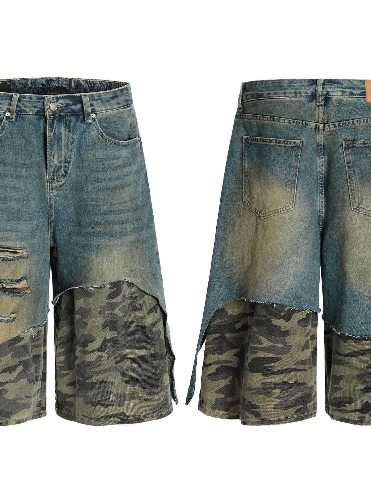 Men's Distressed Camo Patchwork Denim Shorts