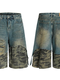 Men's Distressed Camo Patchwork Denim Shorts