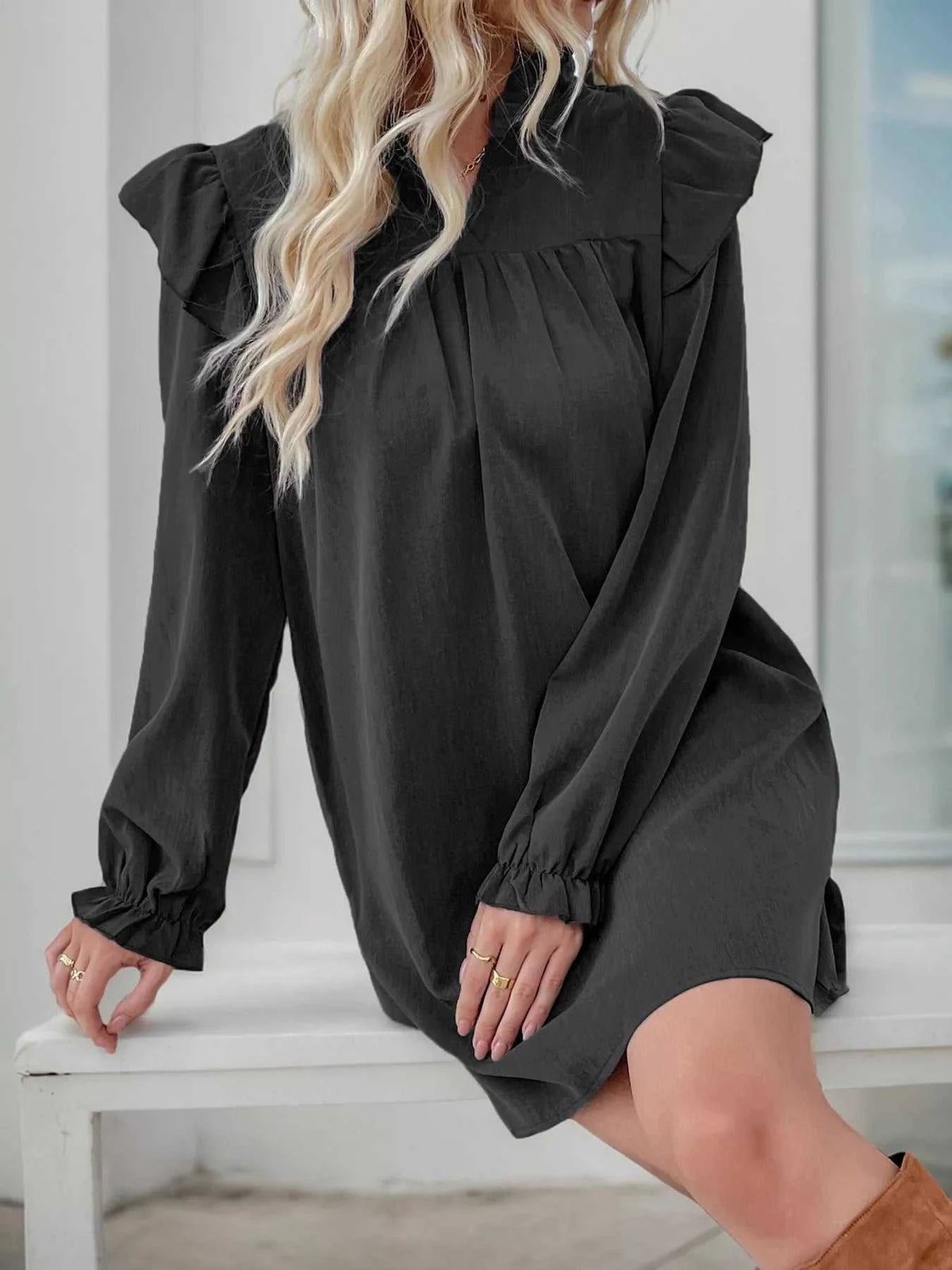 Ruffled Notched Flounce Sleeve Dress 100100408732594 42 Affordable Fashion Under $100 Jerry's Apparel 
