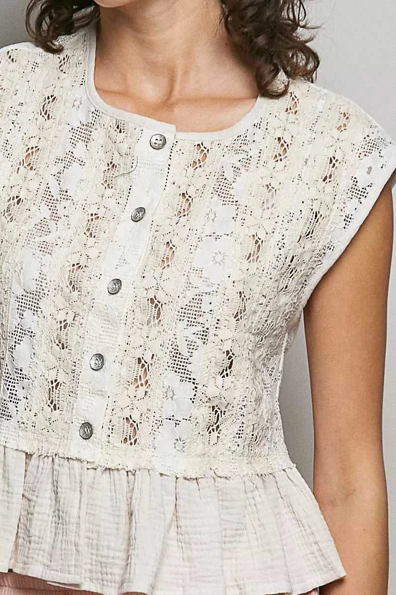 POL Round Neck Lace Sleeveless Top with Double Gauze Ruffle 100100568511399 64 Affordable Fashion Under $100 Jerry's Apparel 